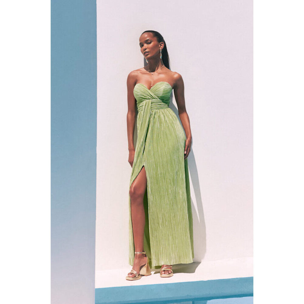Lulus Oswin Lime Green Satin Plisse Strapless Maxi Dress - Size XL